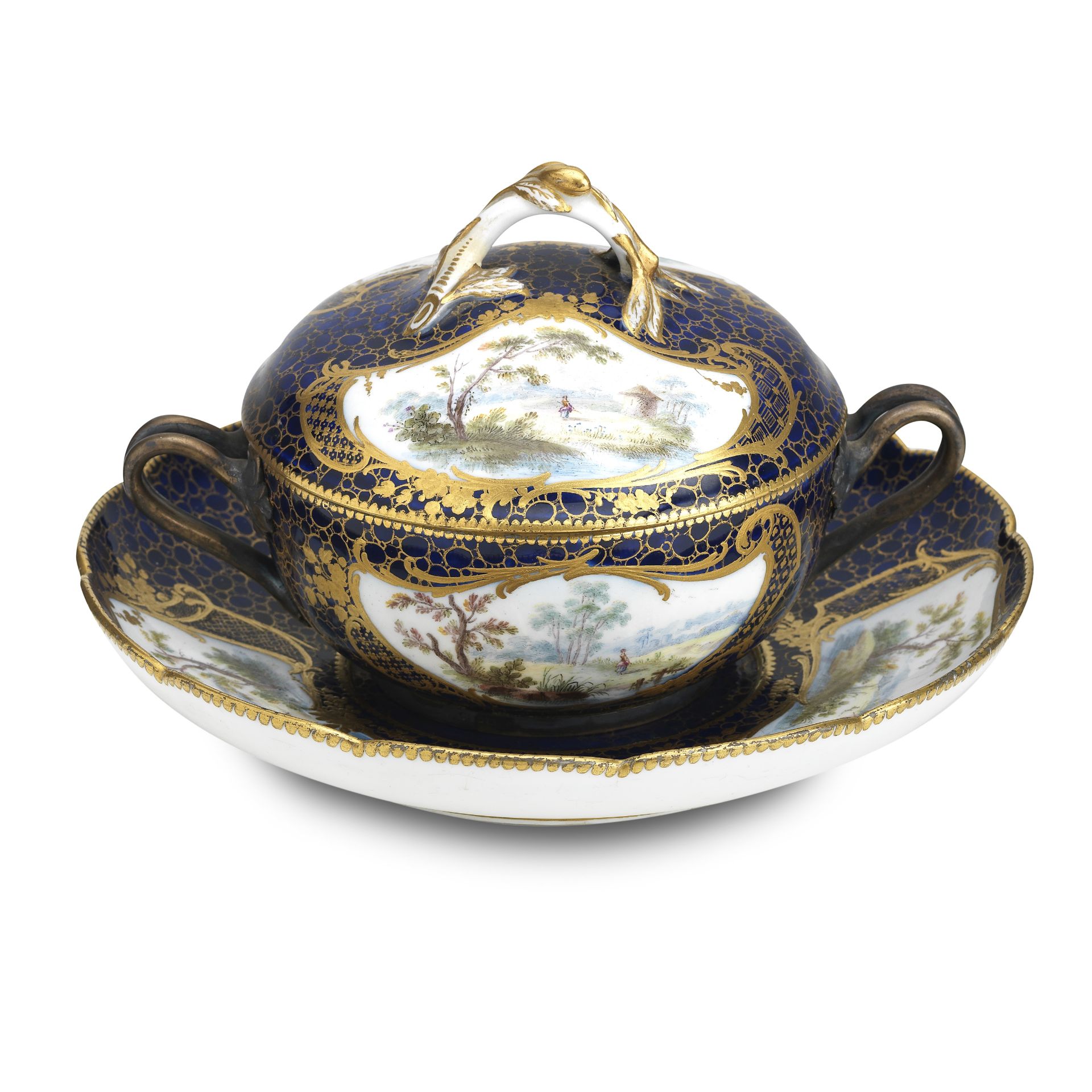 A Sevres-style blue ground ecuelle, cover and stand 19th century