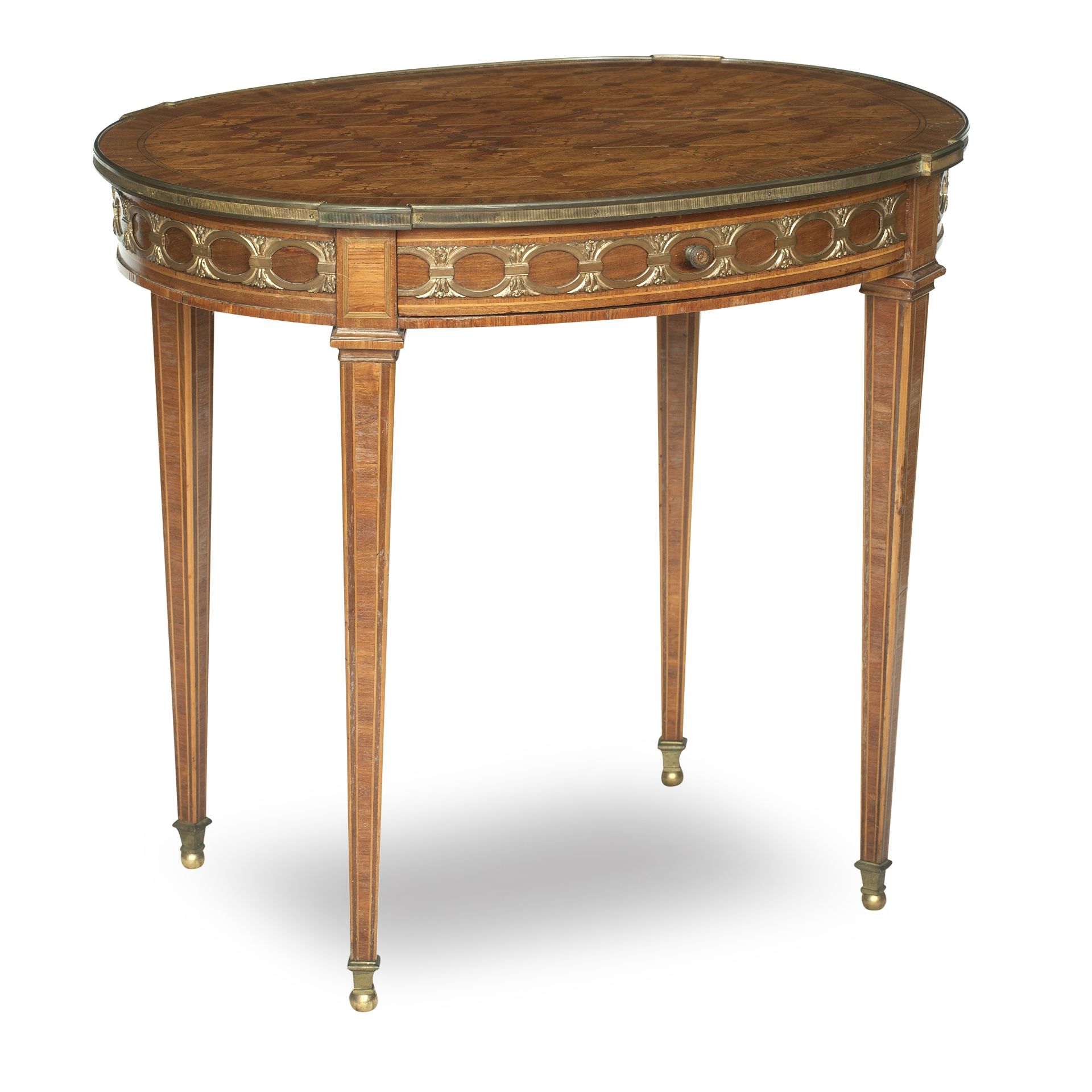 A Louis XVI style French walnut and parquetry inlaid gilt metal mounted occasional table, early 2...