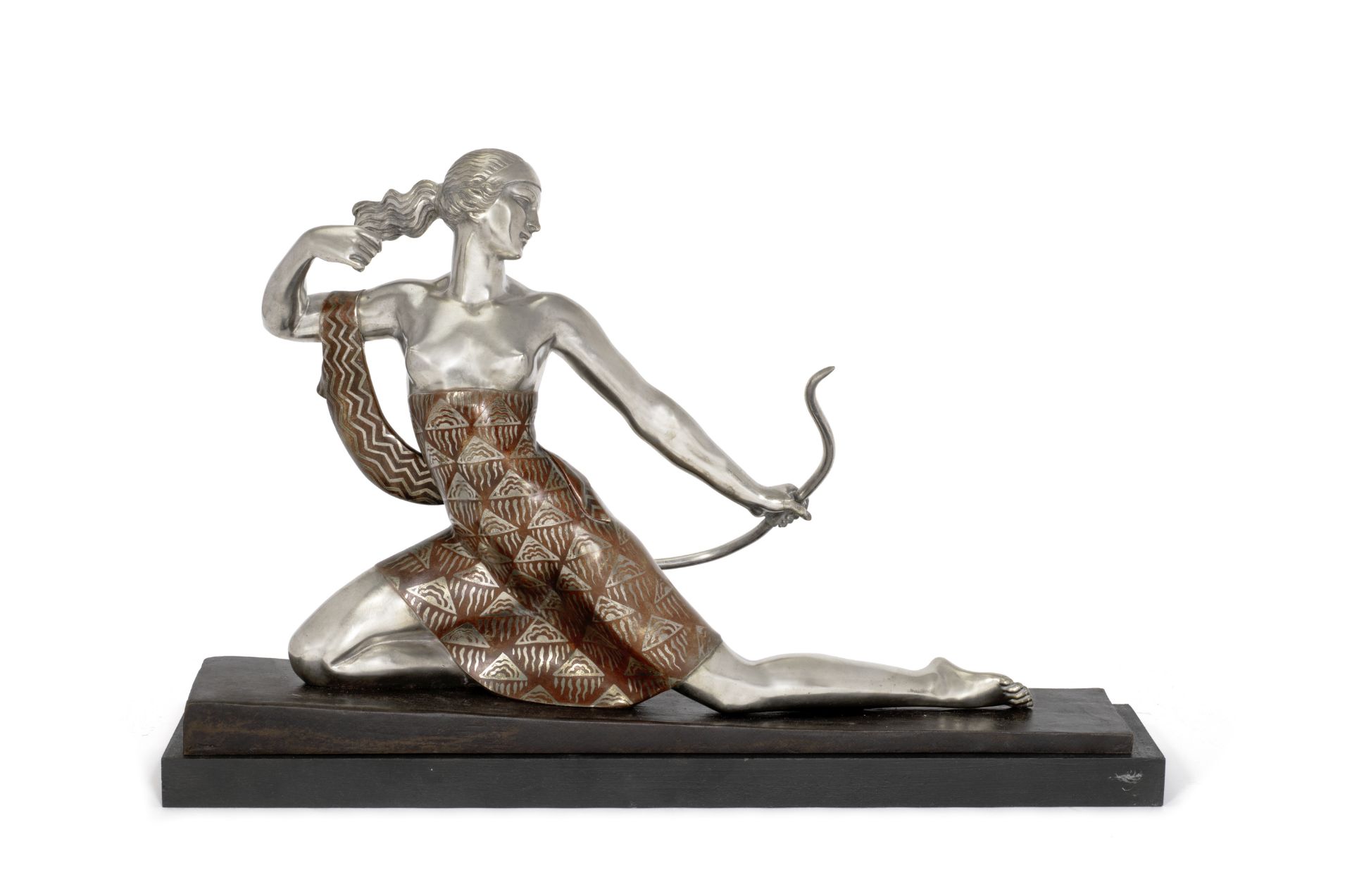 Joe Descomps (French, 1872-1948) 'Diana': An Art Deco Patinated and Parcel Silver Bronze Statue, ...