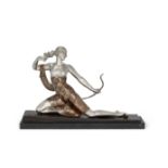 Joe Descomps (French, 1872-1948) 'Diana': An Art Deco Patinated and Parcel Silver Bronze Statue, ...