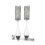 STUART DEVLIN: A pair of silver and silver-gilt filigree candlesticks London 1970 together with a...