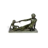 Marcel Bouraine (French, 1886-1948) 'Playtime': An Art Deco Patinated Bronze Figural Sculpture of...