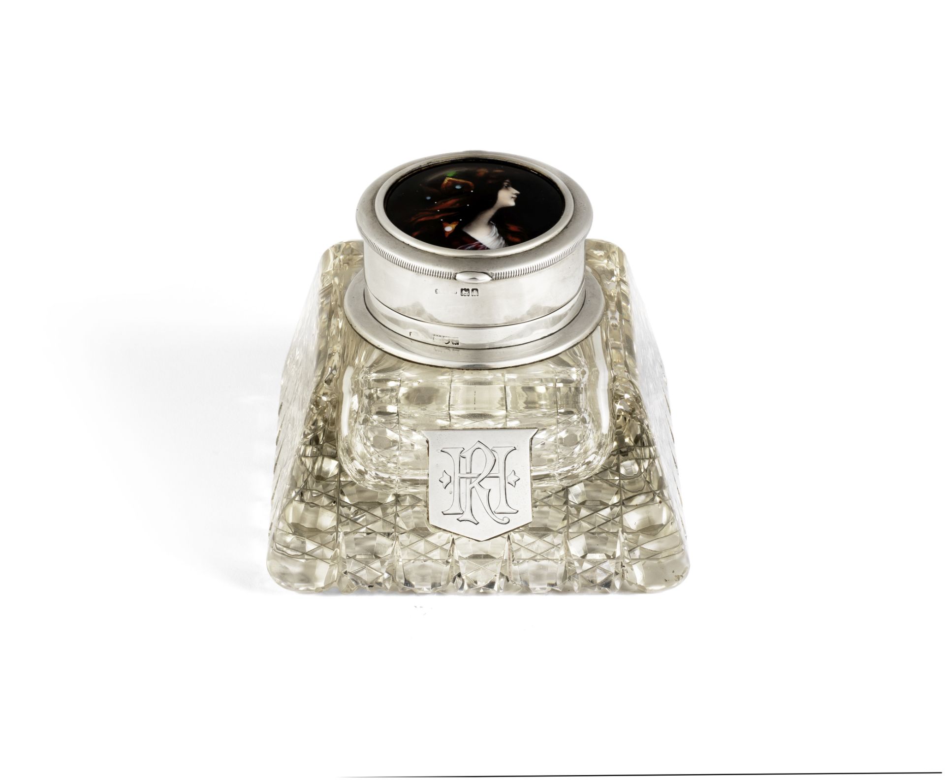 Andrew Barrett & Sons (British) A Silver, Cut-Glass and Enamel Inkwell and Pocket Watch, the inkw...