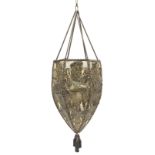 European A Pierced and Repoussé Six-Sided Brass and Early Plastic Pendant Light, circa 1920