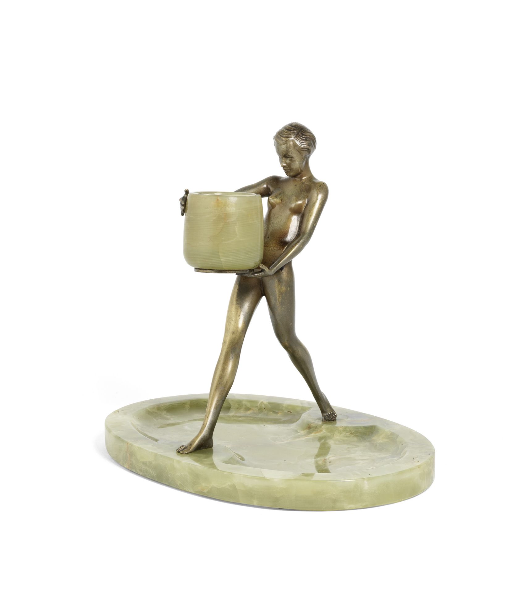 Josef Lorenzl (Austrian, 1892-1950) An Art Deco Patinated Bronze and Onyx Figural Match Holder, c...