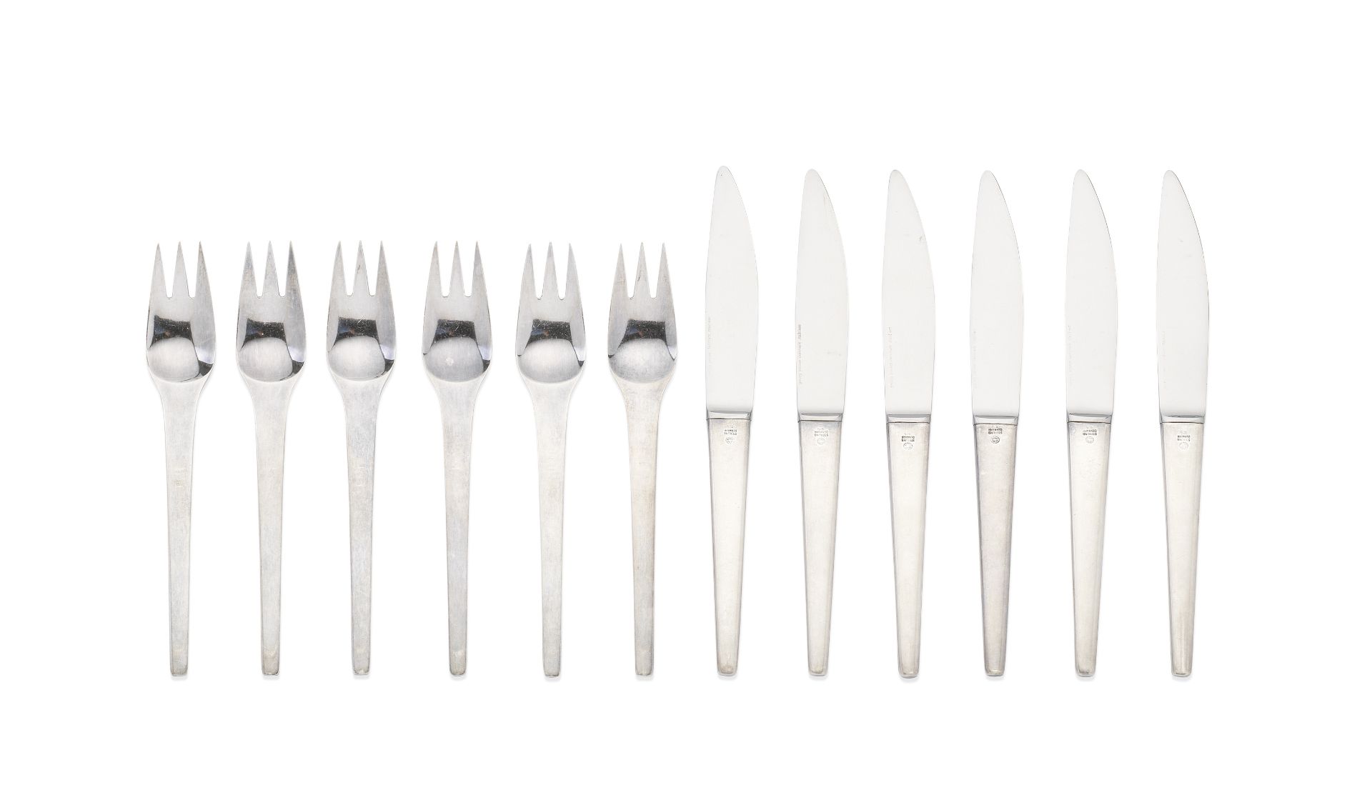 GEORG JENSEN: six pairs of silver Caraval pattern cake knives and forks post 1945 marks, also sta...