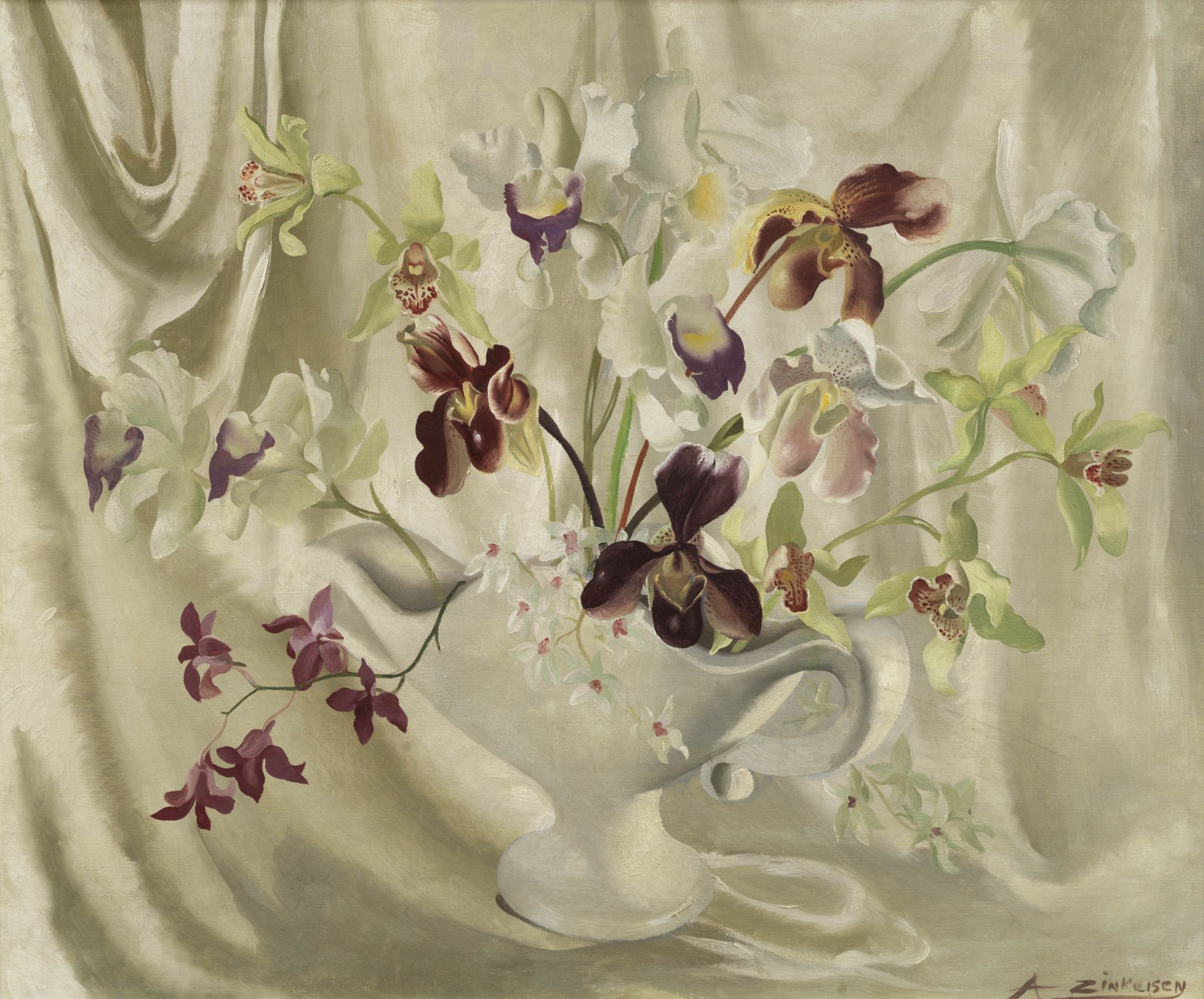 Anna Katrina Zinkeisen (British, 1901-1976) Orchids in a white vase