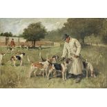 John Emms (British, 1843-1912) Kennelman and hounds