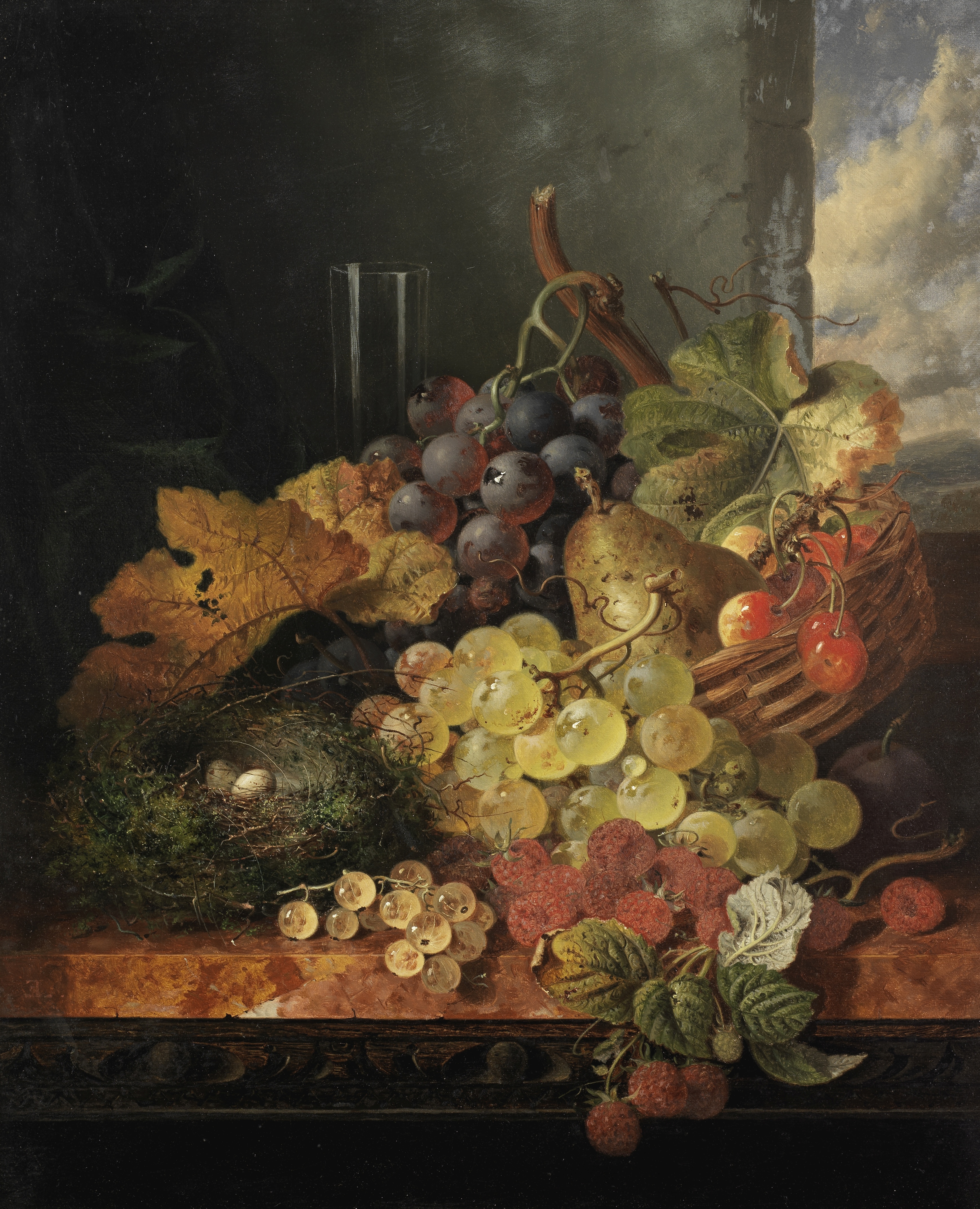 Edward Ladell (British, 1821-1886) Still life of grapes, bird's nest, pear and cherries in a bask...