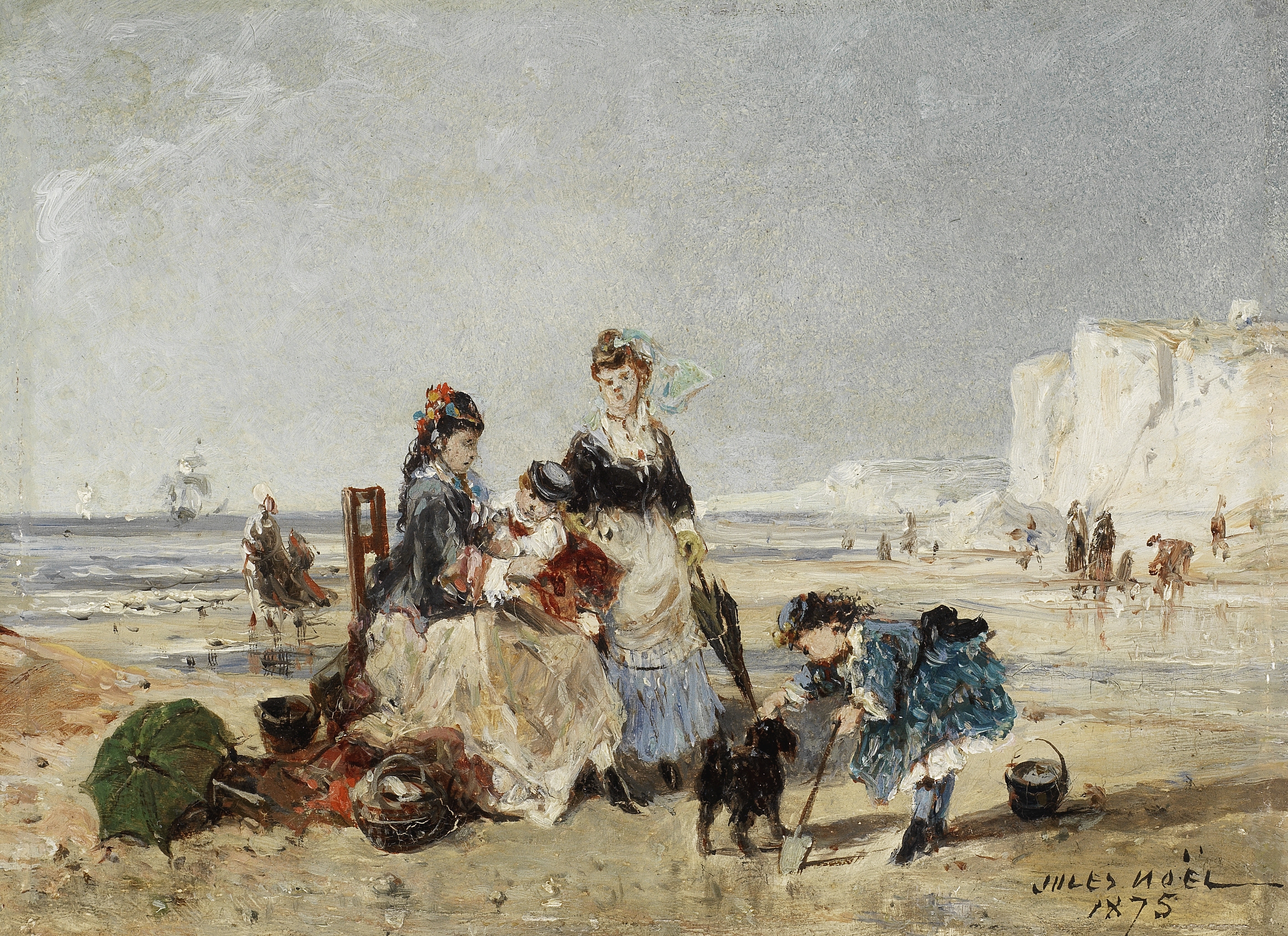 Jules Achille Noel (French, 1815-1881) Elegant figures on the beach, Tréport