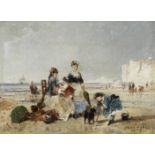 Jules Achille Noel (French, 1815-1881) Elegant figures on the beach, Tréport