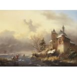 Fredrik Marinus Kruseman (Dutch, 1816-1882) Winter landscape with skaters near a castle