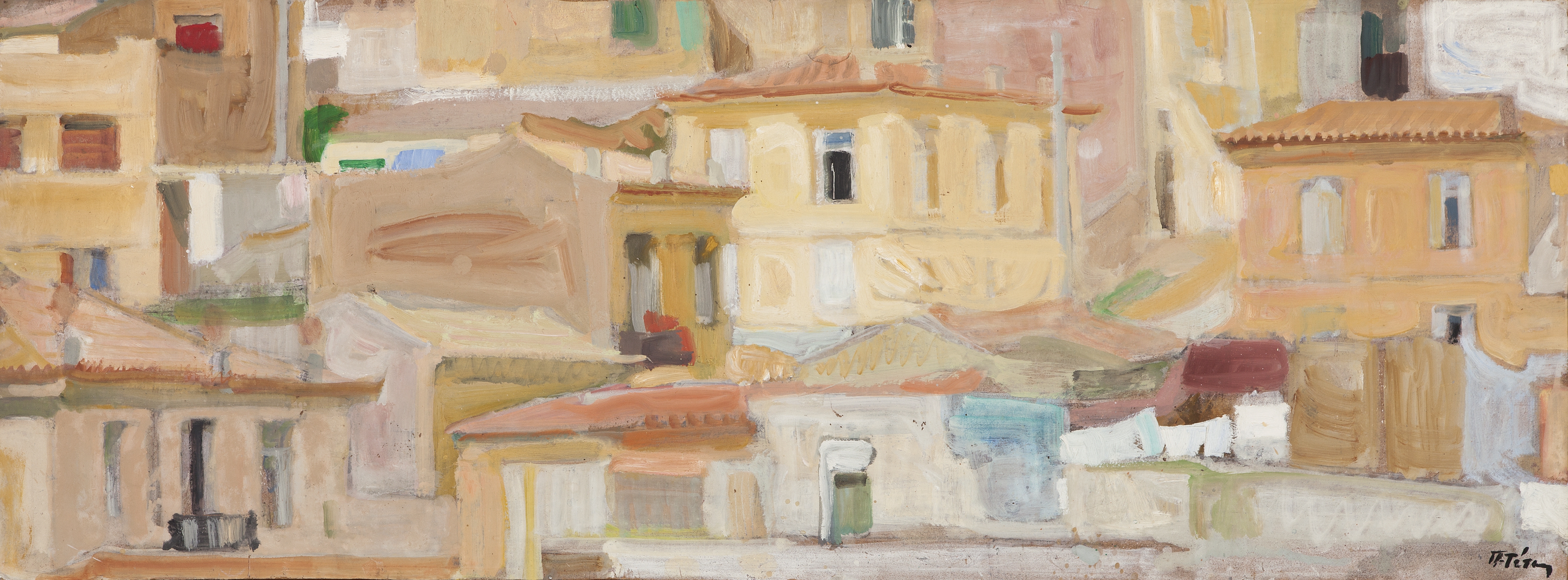 Panagiotis Tetsis (Greek, 1925-2016) Houses in Athens 47.5 x 128 cm. (Painted in 1965.)