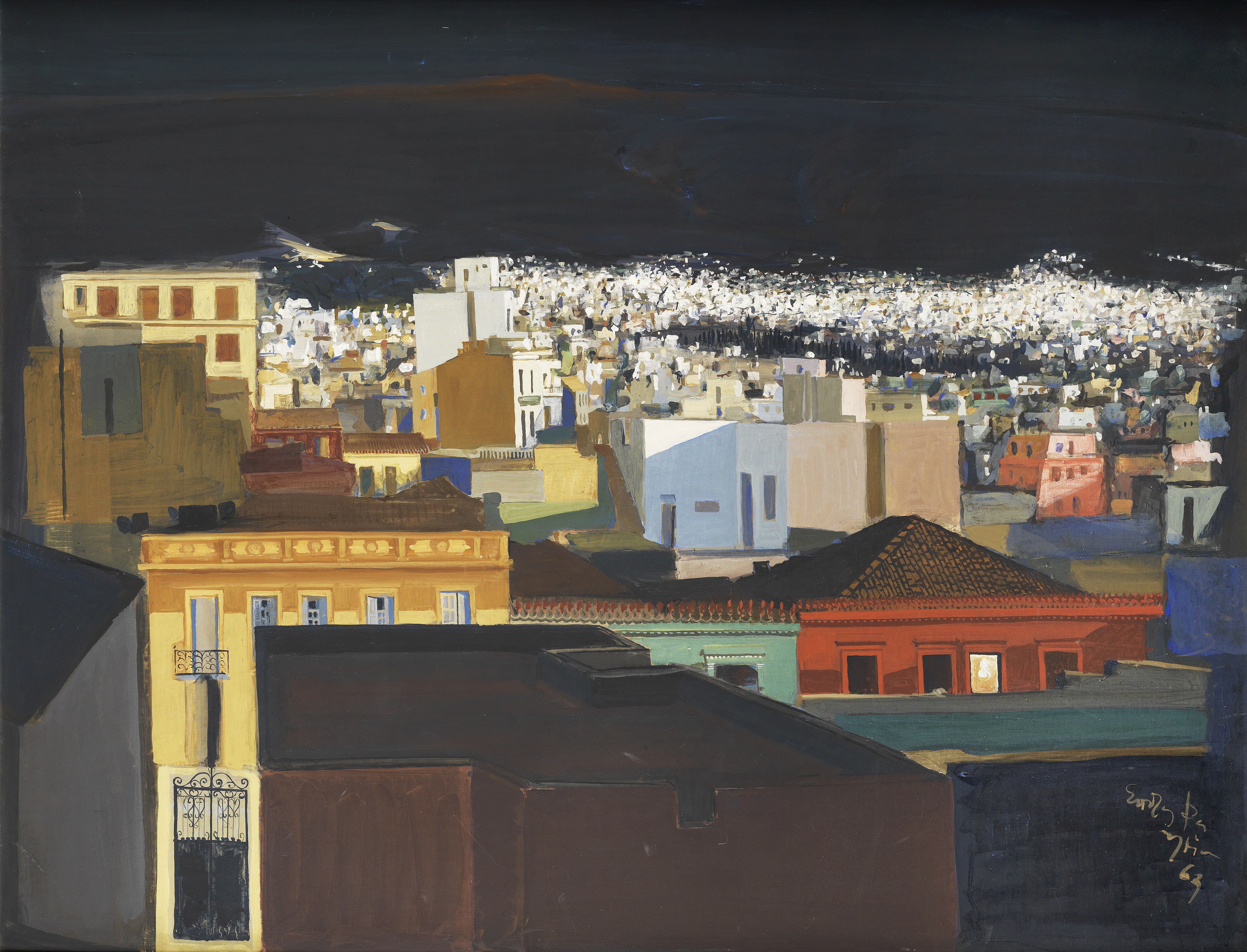 Spyros Vassiliou (Greek, 1902-1985) Athens at night 114 x 147.5 cm.