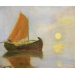 Michalis Economou (Greek, 1888-1933) Fishing boat at sunset 54.2 x 65.5 cm.