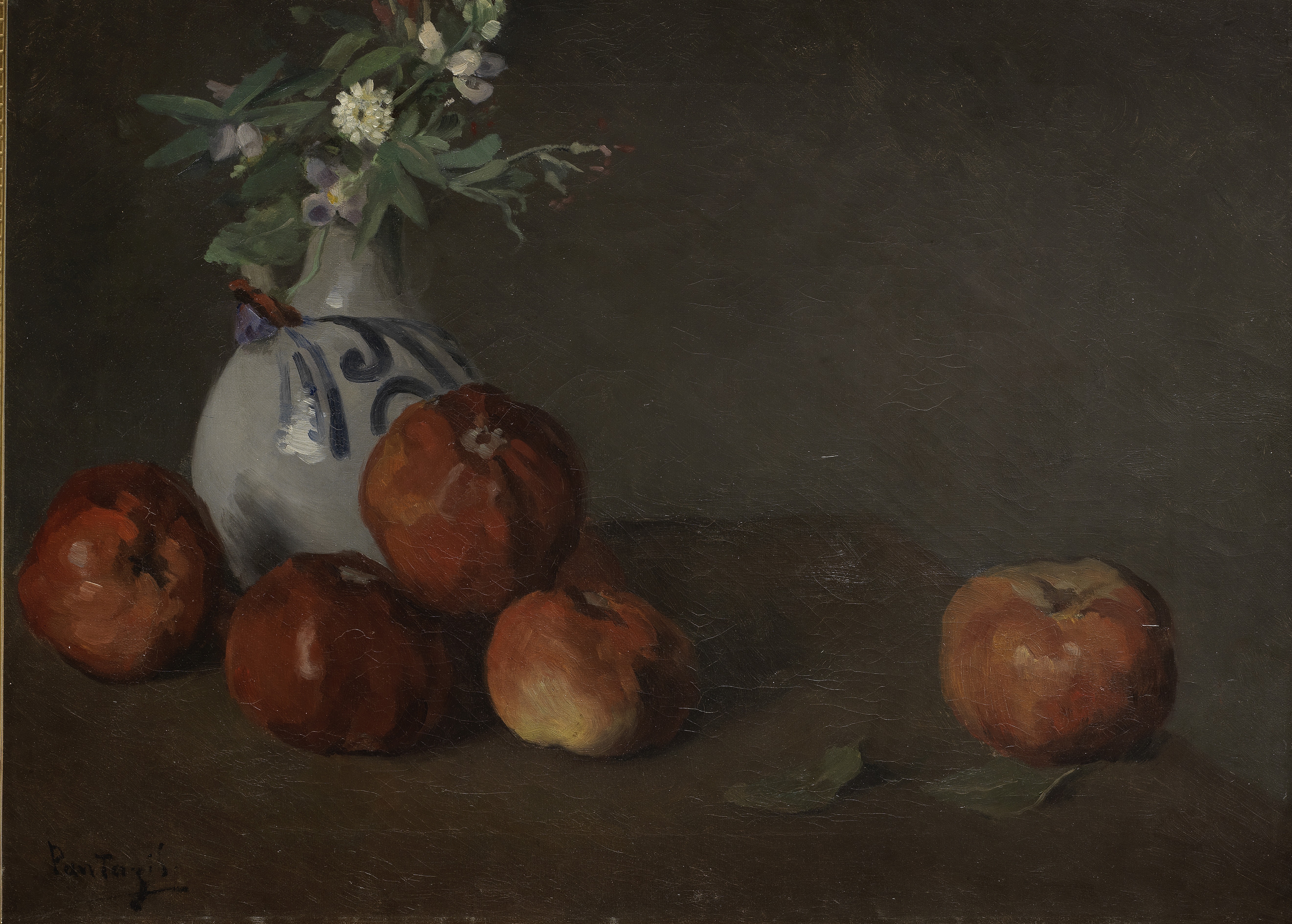 Périclès Pantazis (Greek, 1849-1884) Vase with flowers and apples 40.5 x 56 cm.