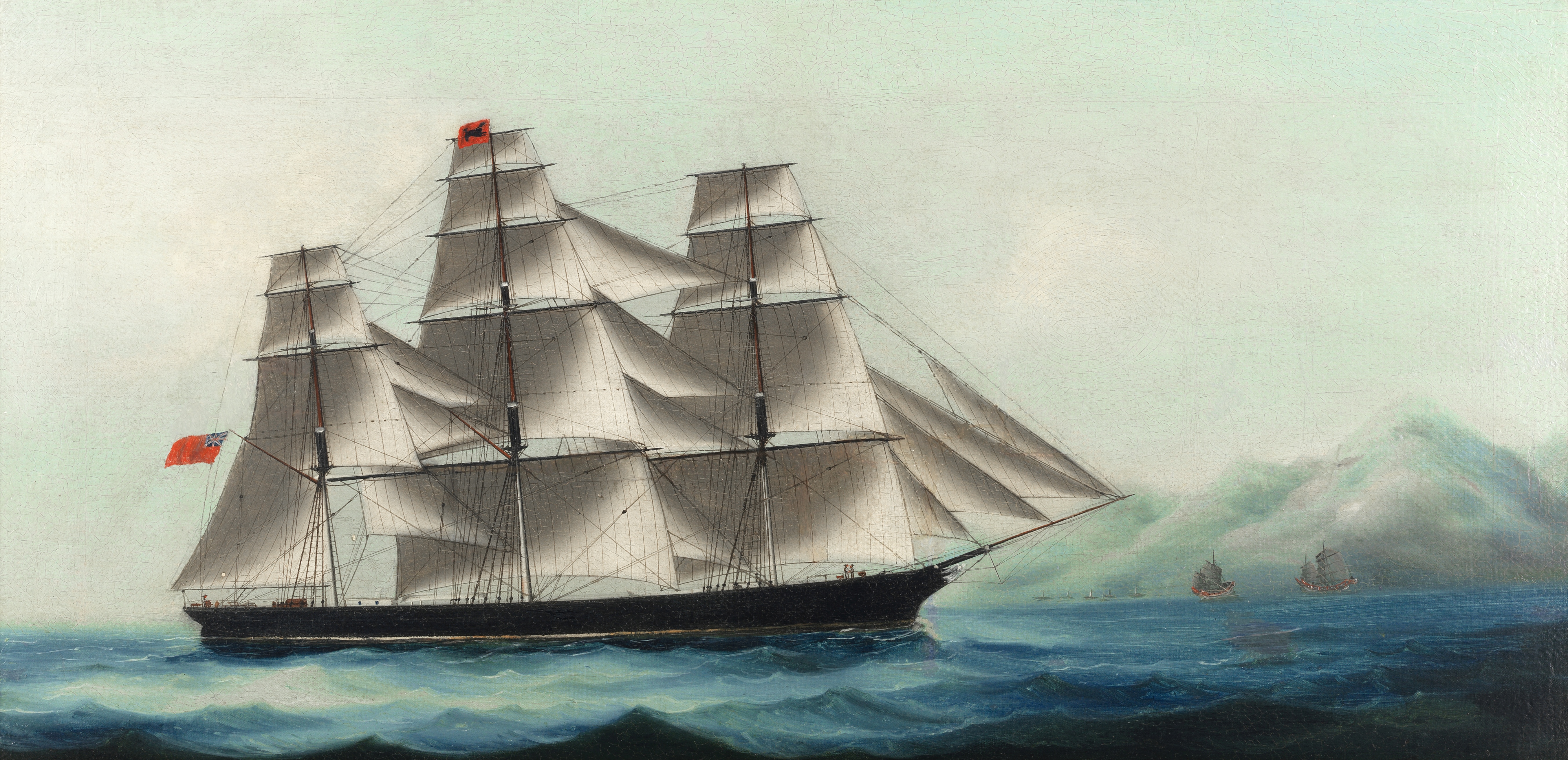 Chinese School, 19th Century A British full-rigged merchantman in full sail off Hong Kong