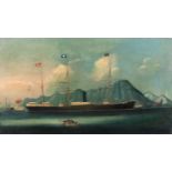 Chinese School, 19th Century A Blue Funnel Line Steam and Sail in Hong Kong Harbour unframed