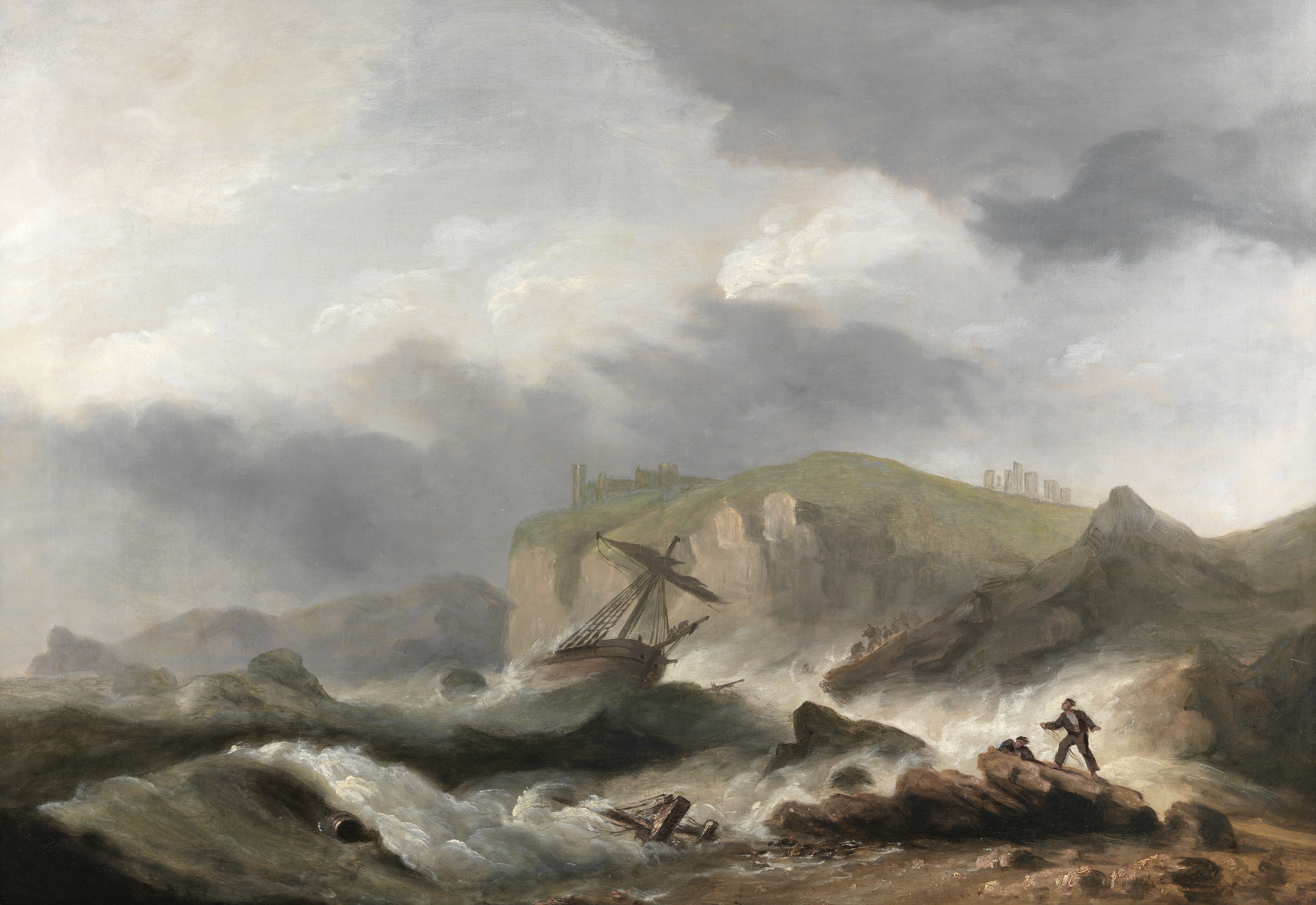 Thomas Luny (British, 1759-1837) A costal scene off Berry Head, Brixham; A ship wrecking off a co...