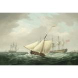 Thomas Whitcombe (British, circa 1752-1824) A cutter under way with British naval frigates off th...