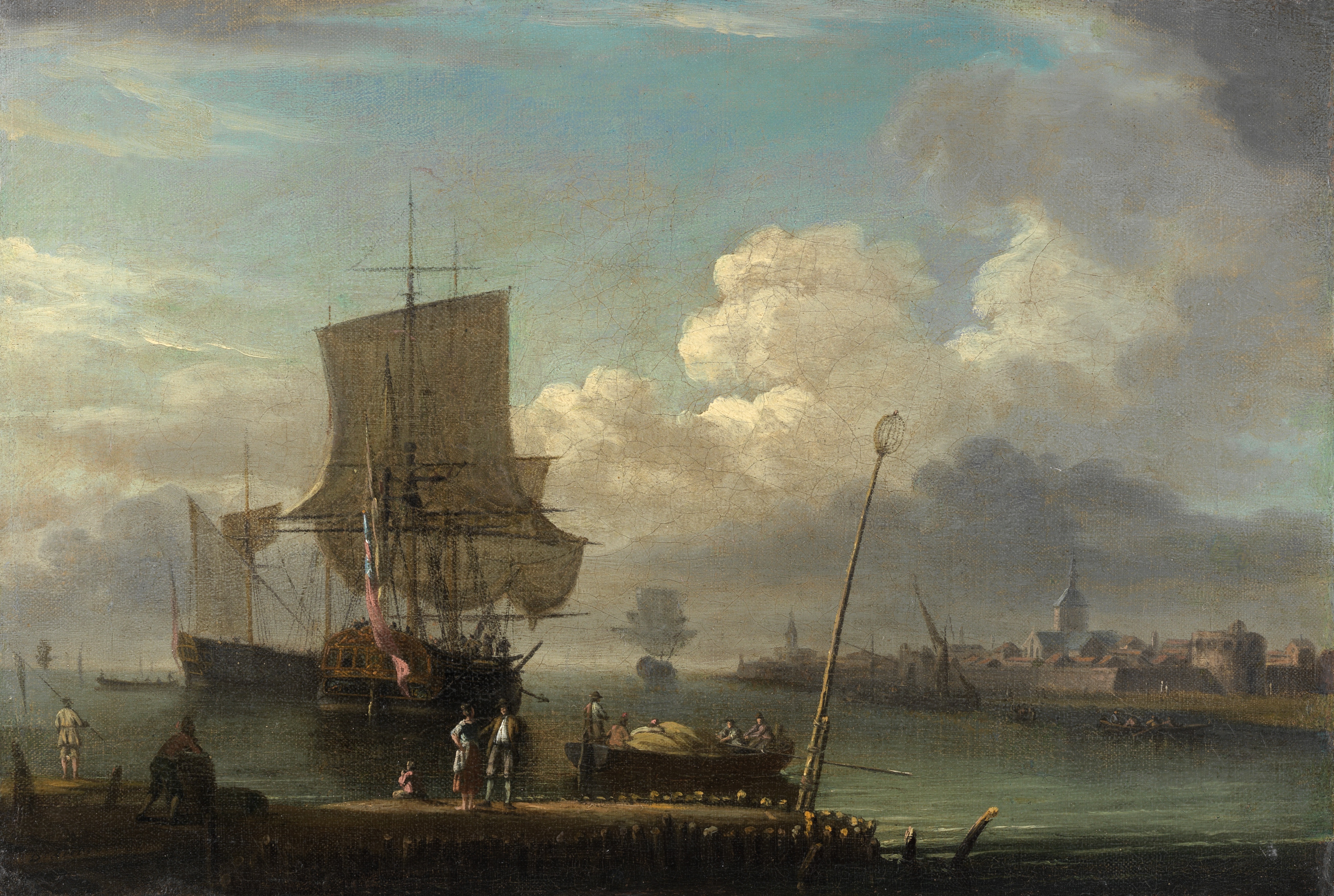 Dominic Serres (British, 1722-1793) Figures on a quay with craft moored offshore; Warships moored...