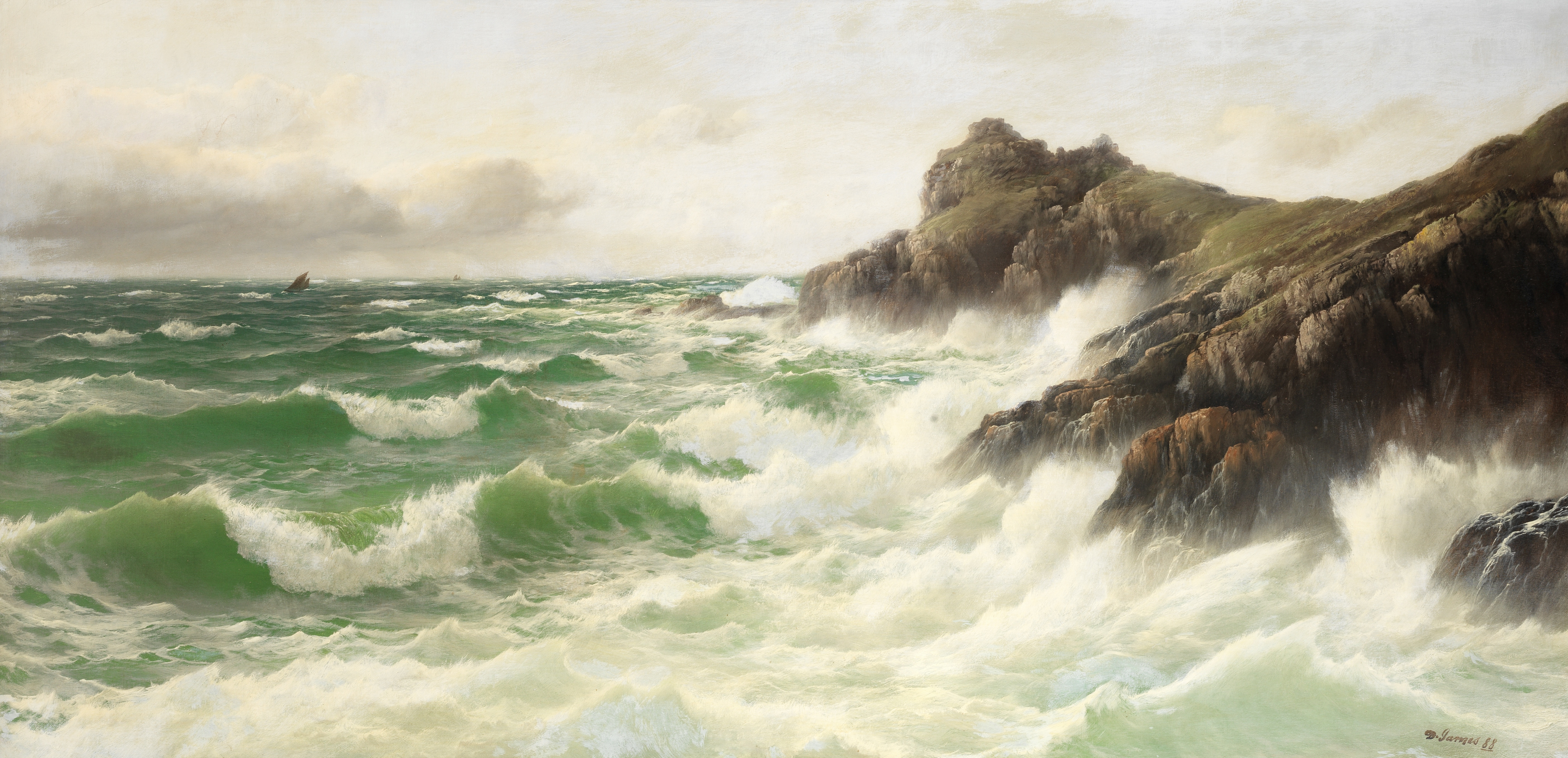 David James (British, 1853-1904) Waves breaking on the rocky Cornish coast