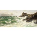 David James (British, 1853-1904) Waves breaking on the rocky Cornish coast