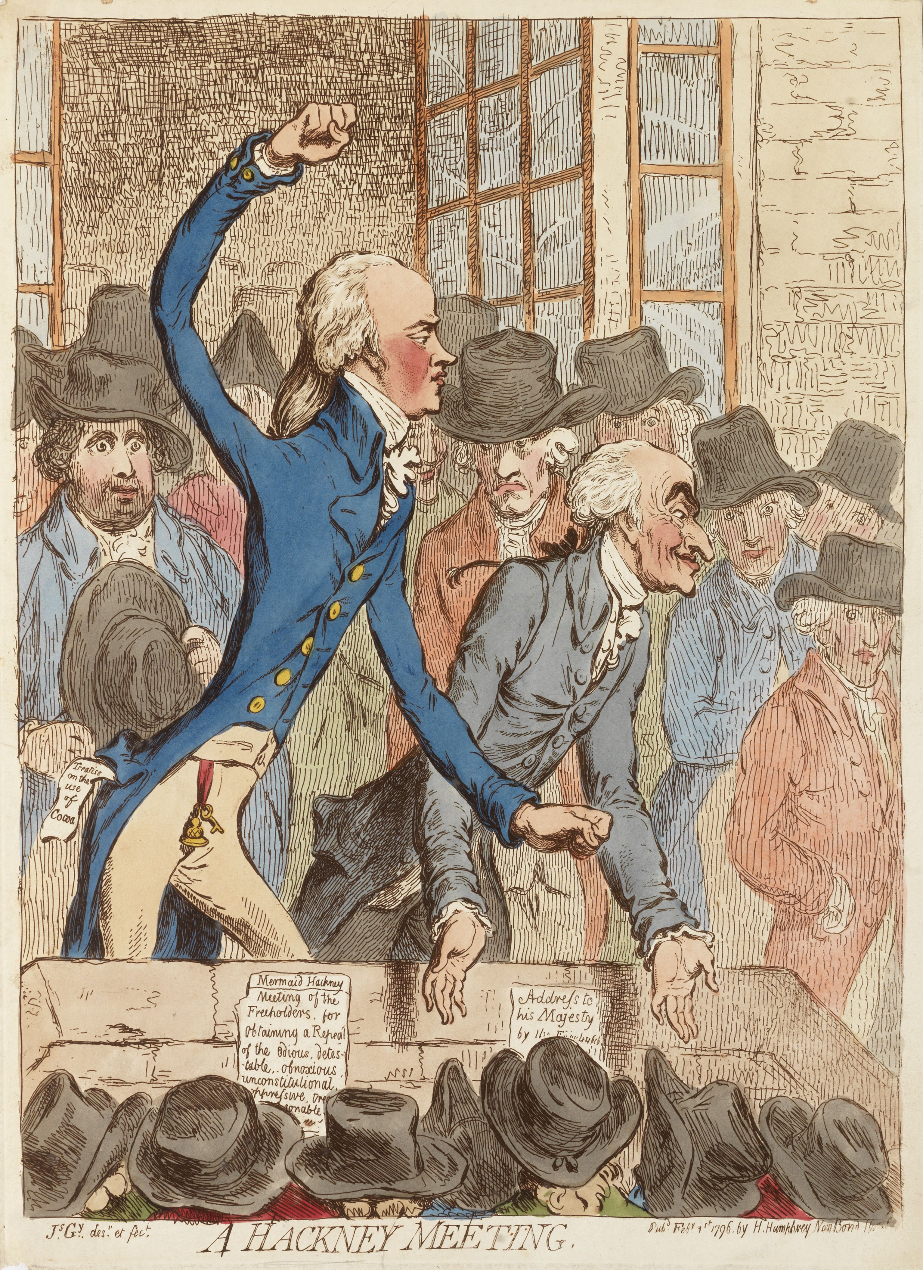 James Gillray (British, 1757-1815) Hackney Meeting Etching with hand-colouring, 1796, on wove, pu...