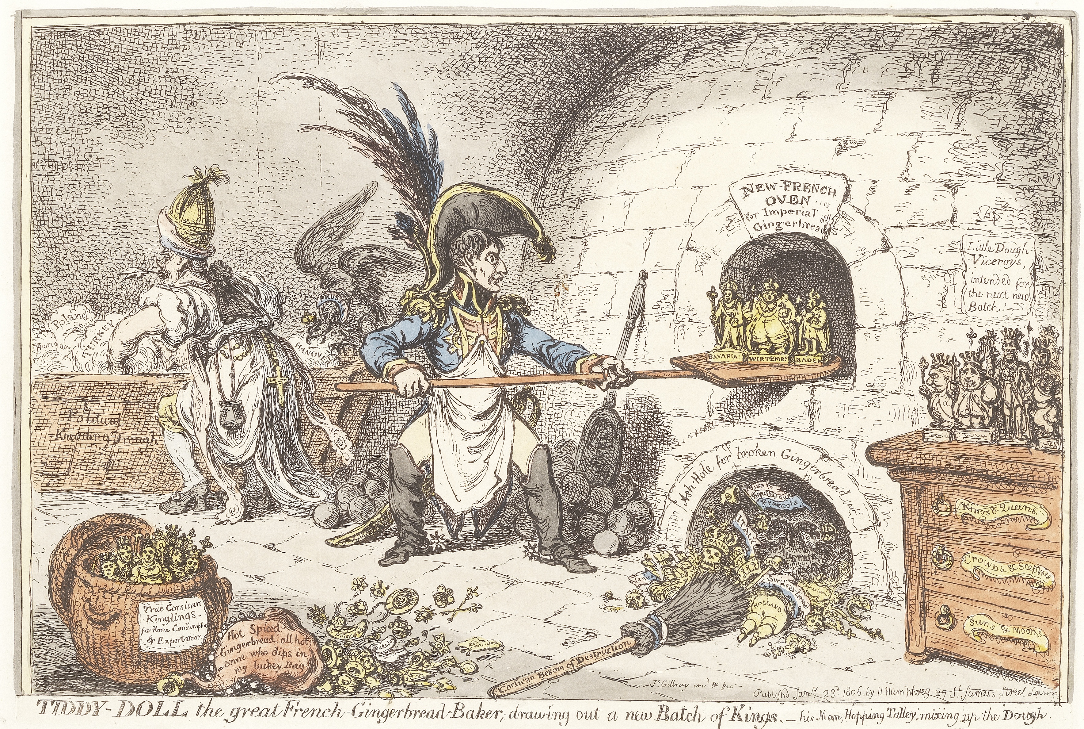 James Gillray (British, 1756-1815) Tiddy-Doll the great French Gingerbread-Baker, drawing out a n...