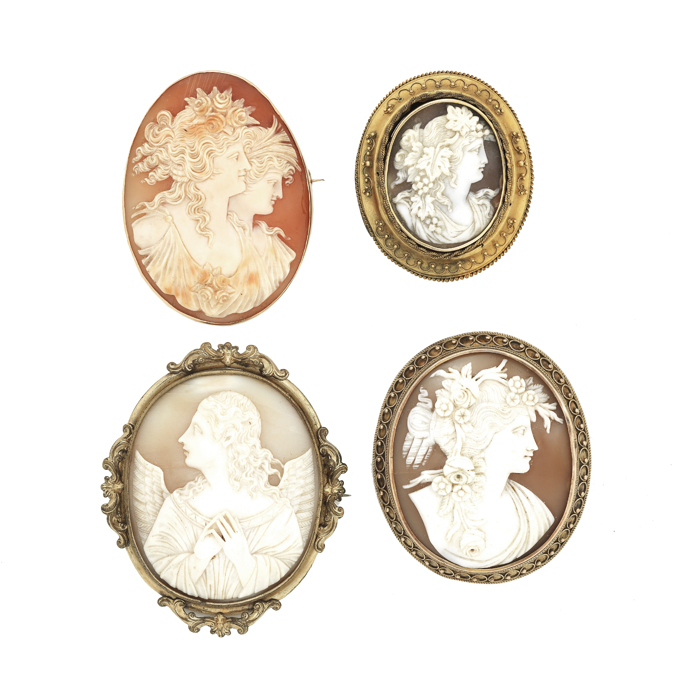 Four oval shell cameo brooches