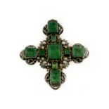 An Austro-Hungarian emerald and cultured pearl brooch