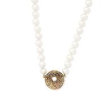 A cultured pearl necklace with diamond clasp,