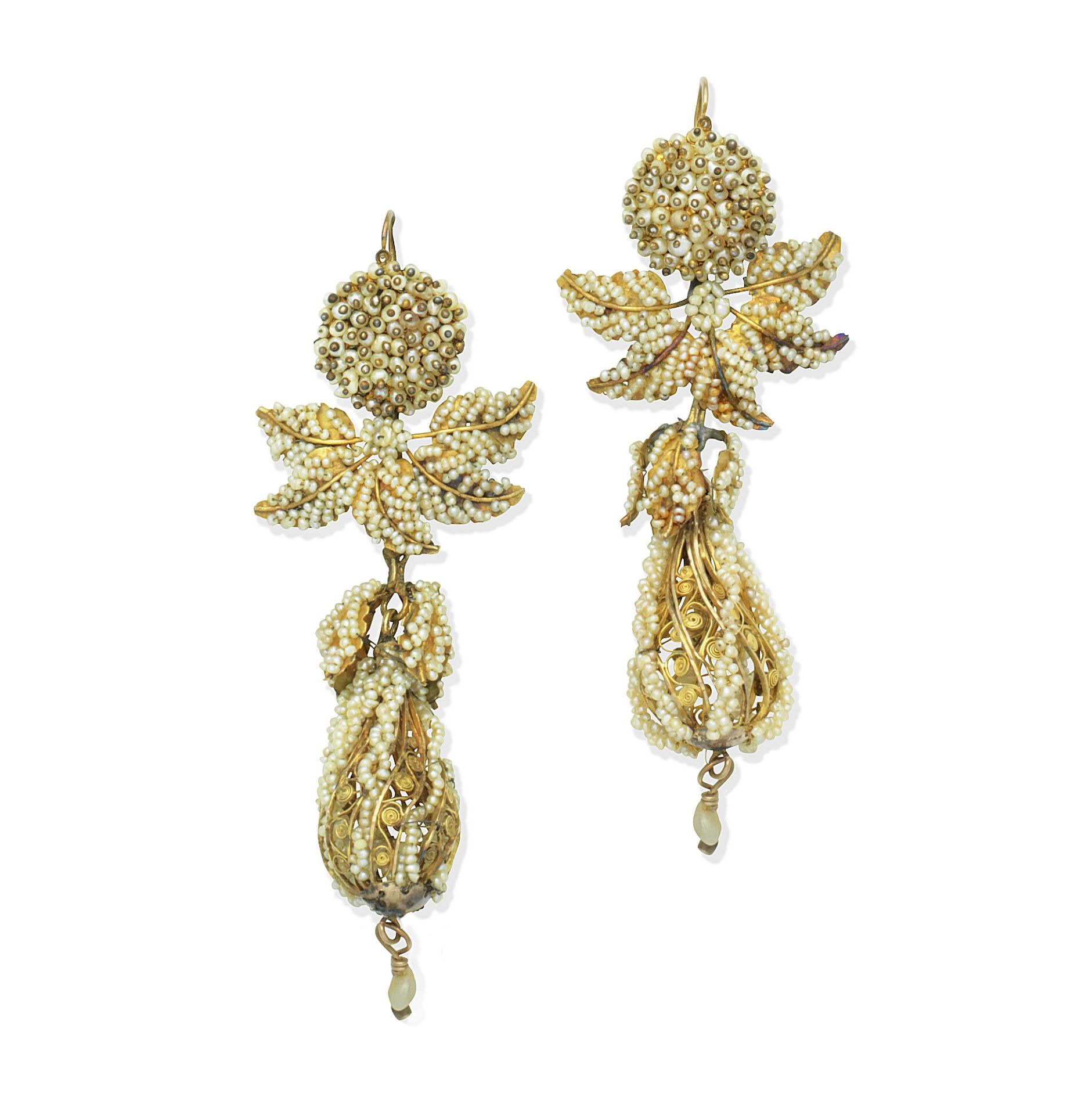 A pair of seed-pearl pendent earrings, mid 19th century