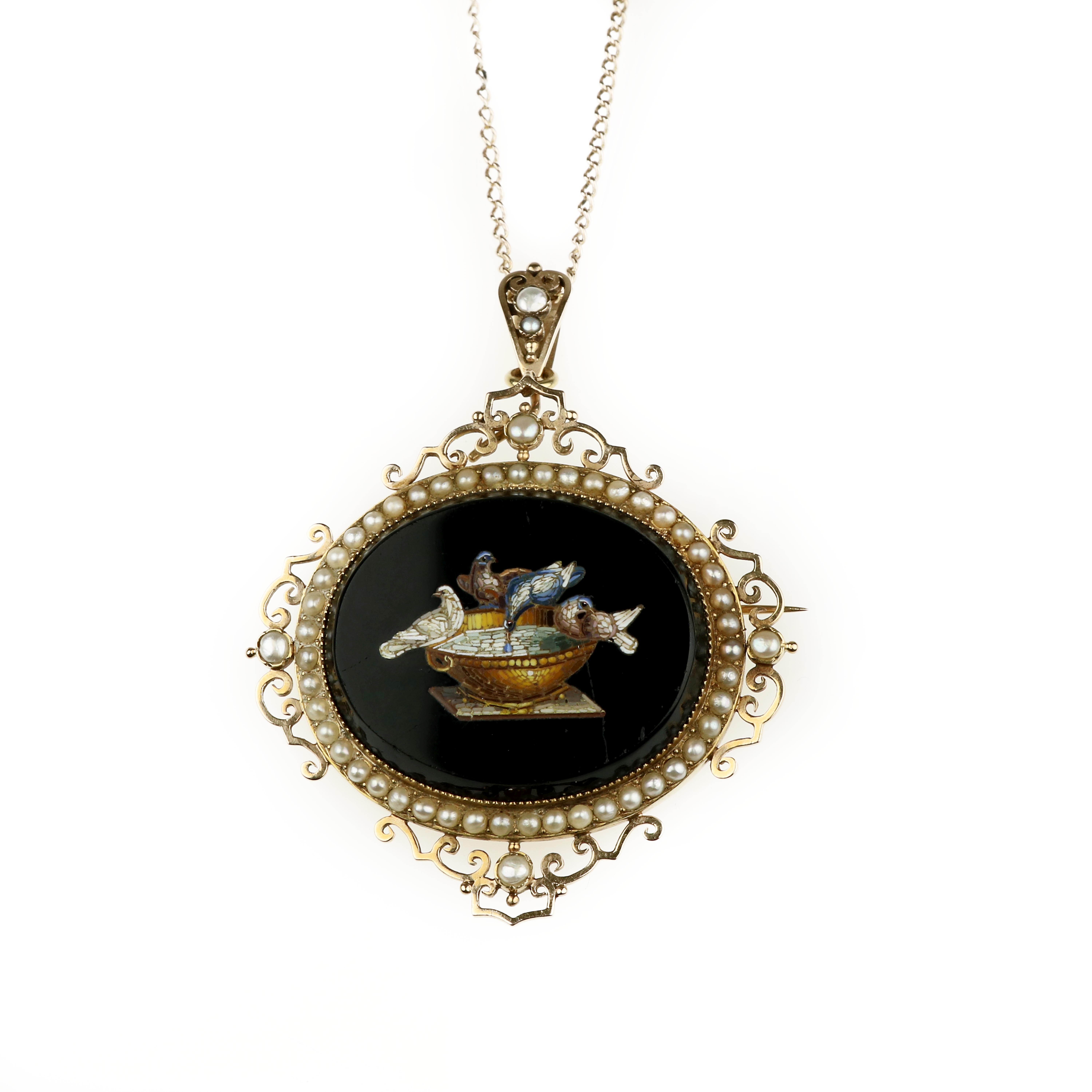 A hardstone micromosaic brooch/pendant, with chain, 19th century