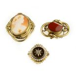 A shell cameo brooch and two gem-set brooches, Victorian