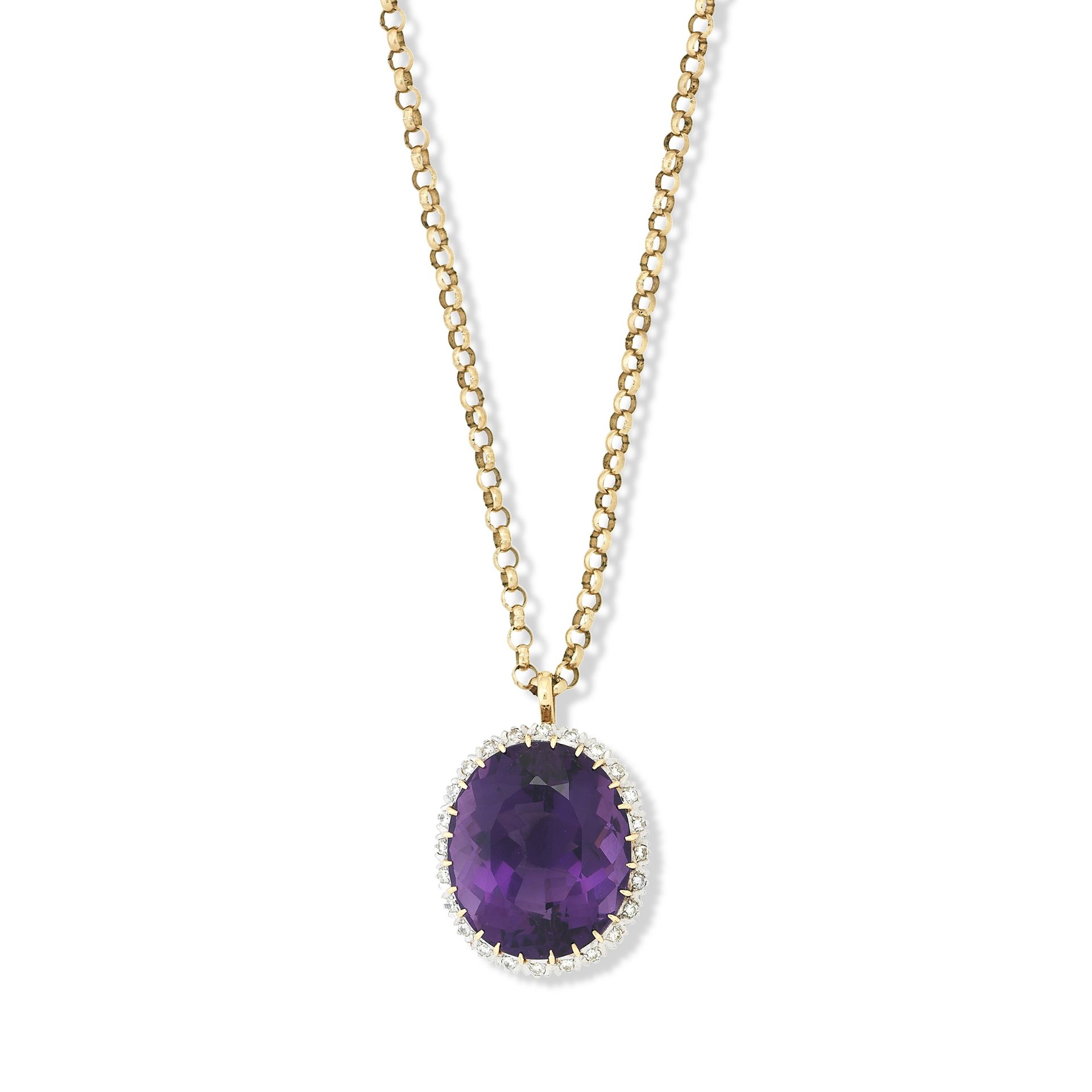 An amethyst and diamond pendant and chain