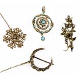 Three assorted gem-set brooches and a similar pendant, Edwardian