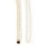 A cultured pearl and garnet three-row necklace and a single-row necklace