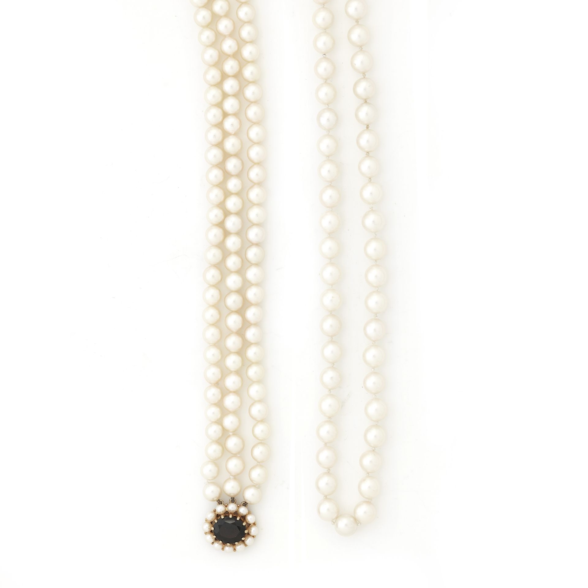 A cultured pearl and garnet three-row necklace and a single-row necklace