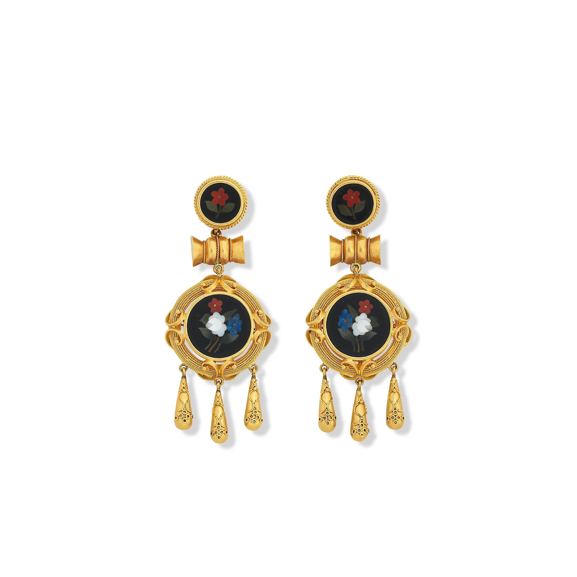 A pair of pietre-dure earrings, circa 1870