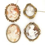 Four oval shell cameo brooches