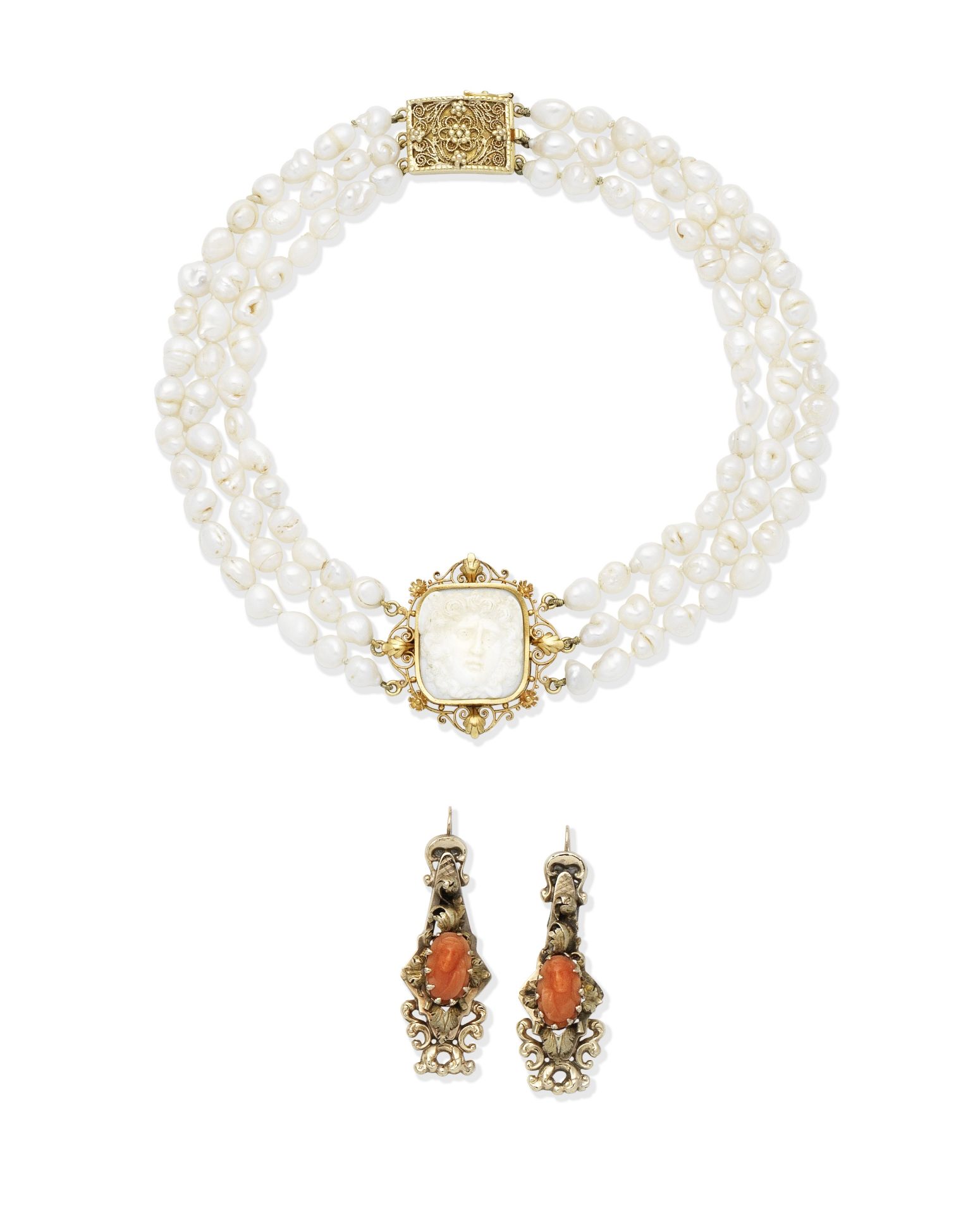 A pair of coral 'Corallium Rubrum' pendent earrings, circa 1840, and a shell and cultured pearl c...