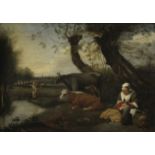 Follower of Jan Siberechts (Antwerp 1627-1703 London) Cattle in a watermeadow with a woman and ch...