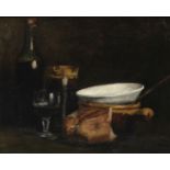 Attributed to Louise Aimée Ribot (active France, 19th Century) Still life with bread, bowls and a...