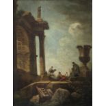 Manner of Giovanni Paolo Panini, 19th Century An architectural capriccio with figures before a ru...