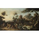 Nicola Viso (active Naples, circa 1630) A river landscape with drovers watering their cattle and ...