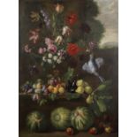 Giovanni Stanchi (Rome 1608-circa 1673) A vase of flowers with fruit on a stone ledge, a view to ...