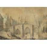 Thomas Rowlandson (London 1756-1827) Shipping moored by a bridge in a riverside town, figures in ...