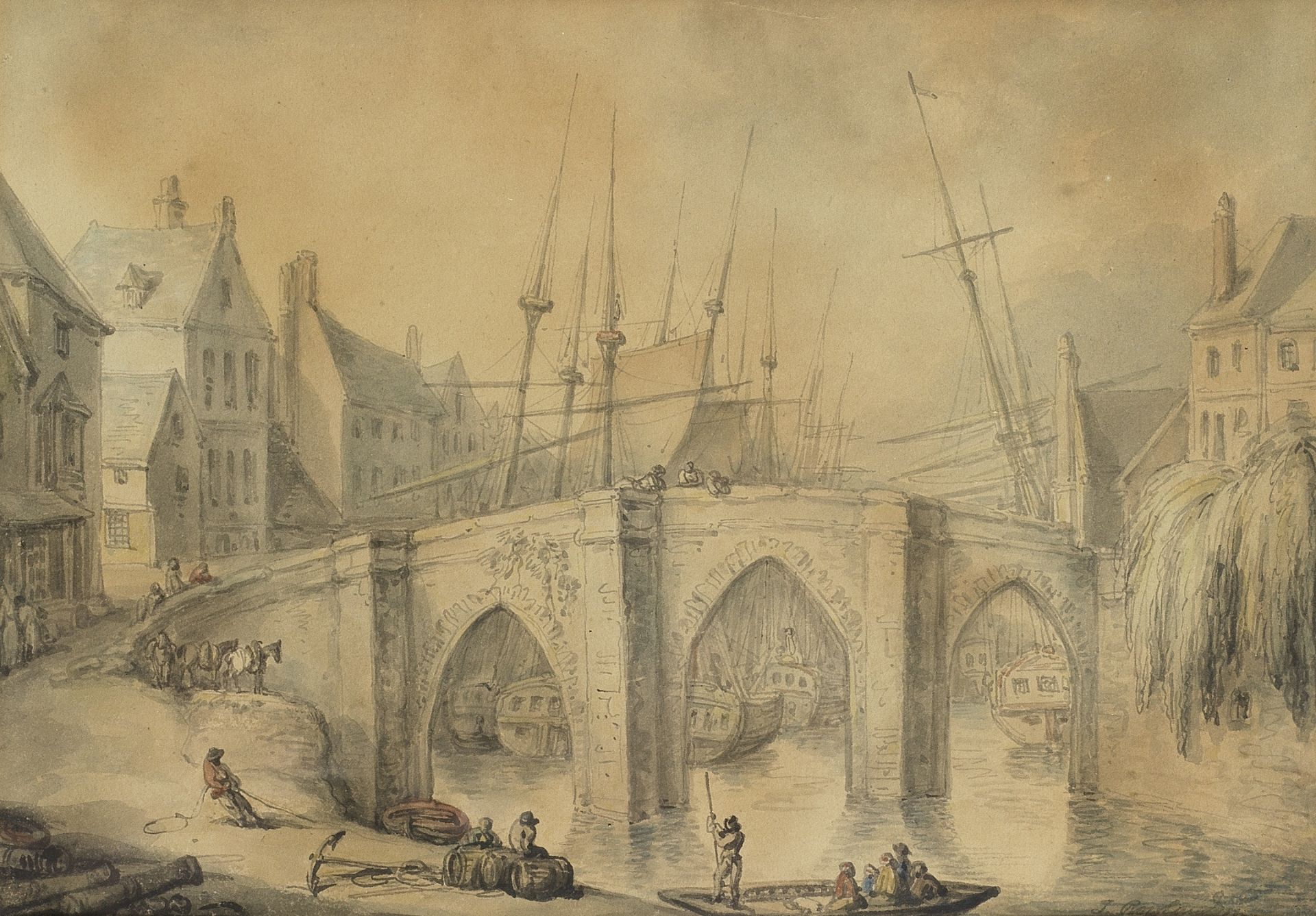 Thomas Rowlandson (London 1756-1827) Shipping moored by a bridge in a riverside town, figures in ...