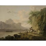 Julius Caesar Ibbetson (Fulneck 1759-1817 Masham) Langdale Pikes, with elegant travellers waiting...